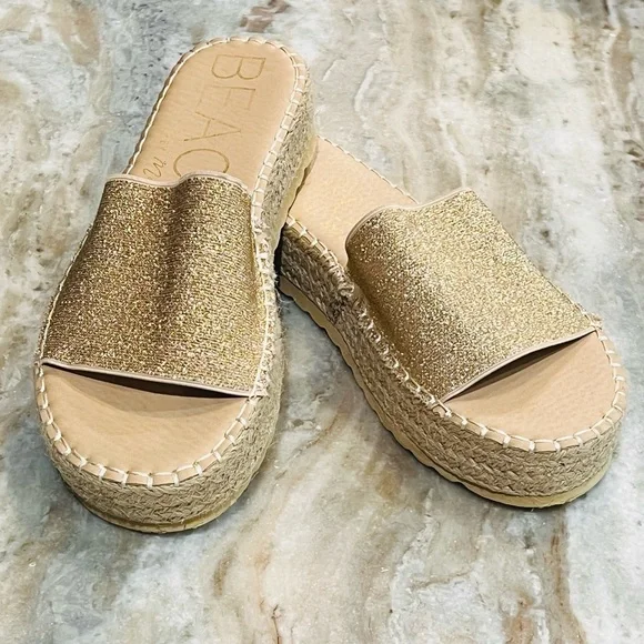 Women’s BEACH By Matisse Sunkissed gold shimmer espadrille platform sandal. Sz 9 - Picture 2 of 7
